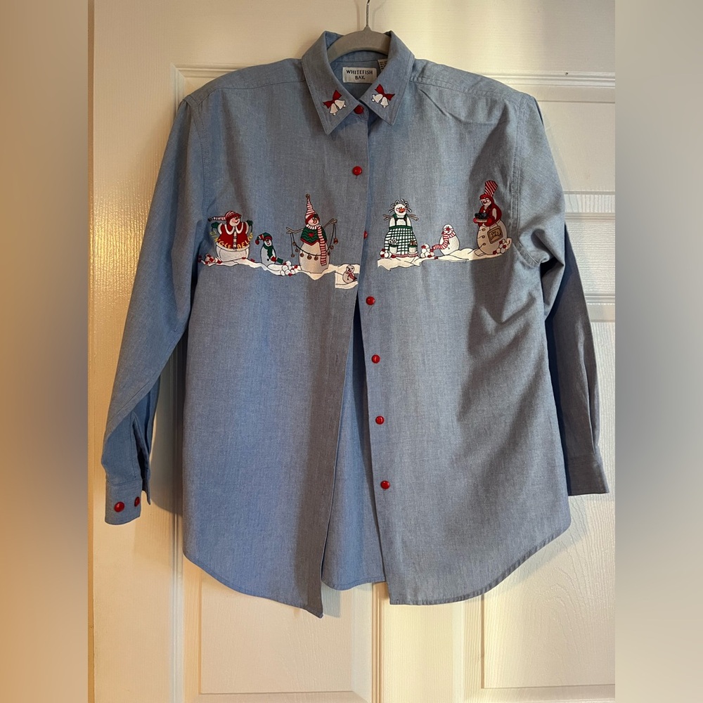 Chambray Denim Holiday Button Down Top S Festive‎